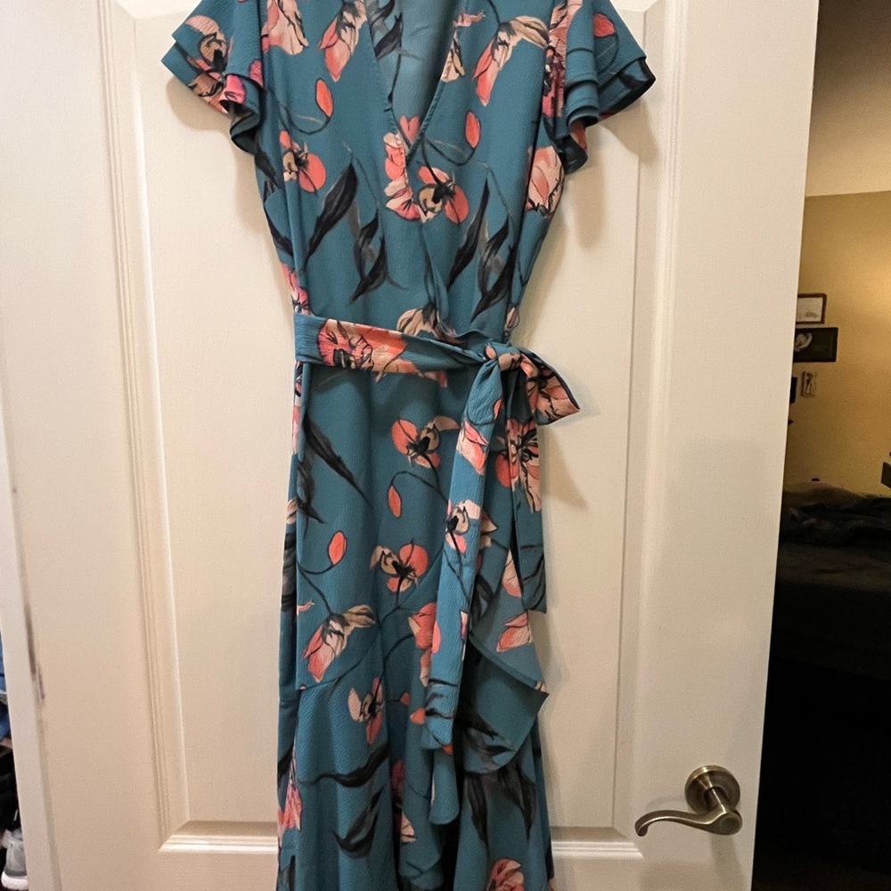 A New Day Orange and Pink Wrap Maxi Dress with Flutter Sleeves